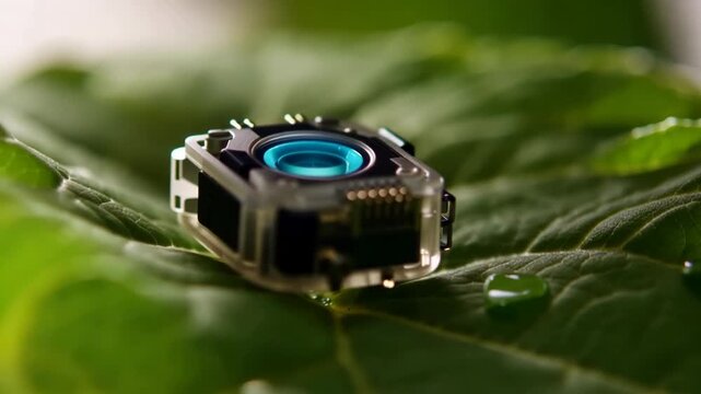 Small camera component resting on wet green leaf as focus shifts across metallic housing, blue lens, droplets, and textured natural surface in close up