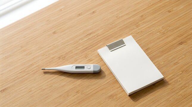 Digital medical thermometer and white notepad on wooden table surface