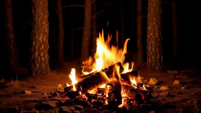 Campfire flames flicker and glowing embers rise from burning logs among tall pine trees at night, creating a warm woodland fire scene outdoors
