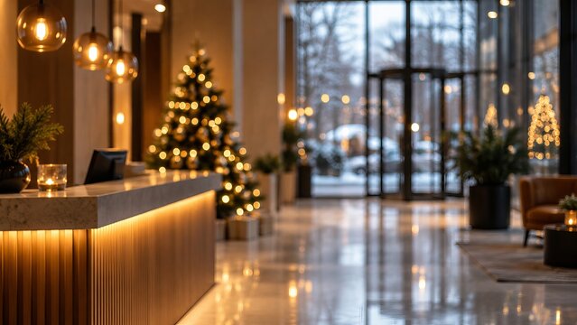 Elegant hotel lobby with Christmas tree and modern reception desk illuminated by warm lights, creating a luxurious and festive winter atmosphere.