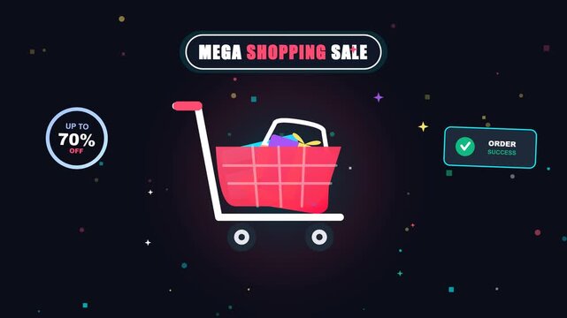 Flat 2D vector animation featuring an e-commerce shopping cart loading digital products, floating promotional badges, mega sale discount tags, and shopping icons over an animated colorful abstract bac