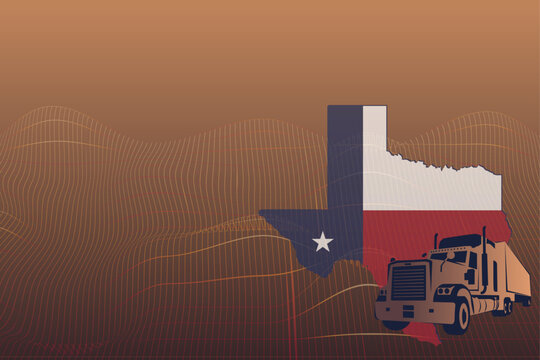 Texas trucking industry background with semi truck and state map for American logistics and shipping concept.
