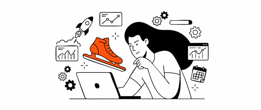 Woman working on laptop business startup project developing sports footwear e-commerce shop launching rocket strategy analytics charts workflow productivity vector illustration concept background