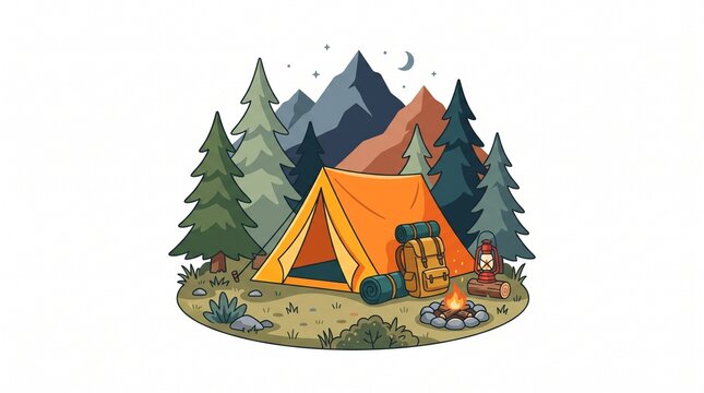Vibrant vector illustration depicting cozy camping scene featuring orange tent backpack glowing campfire pine trees majestic mountains and starry night sky during peaceful evening