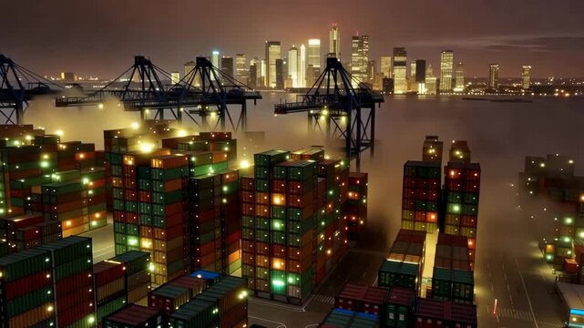 Illuminated shipping containers and cargo cranes at waterfront port as fog rolls toward city skyline during dusk, aerial harbor logistics time lapse