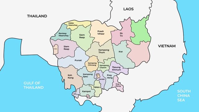 Southeast Asian Country Vector Map Of Cambodia Featuring Provincial Borders And Capital Phnom Penh