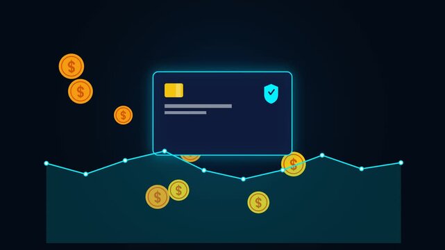 A clean, modern 2D vector animation featuring banking, finance, security shields, credit cards, coins, and data graphs looping seamlessly for corporate videos and financial presentations.