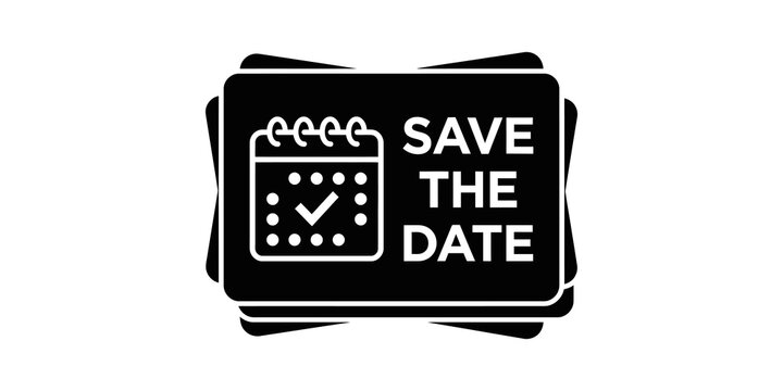 Black save the date card icon with calendar and check mark for event planning notifications.