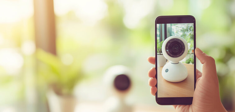 Human hand holding a smartphone and monitoring a live smart security camera feed for remote home surveillance and household safety