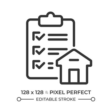 Property listing pixel perfect simple line icon. Public advertisement for real estate. Rent and buy buildings service. Business checkup system. Contour outline pictogram. Minimalist linear vector