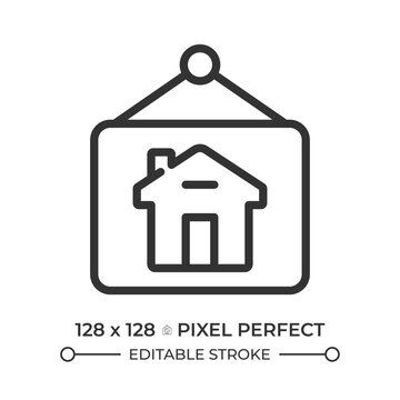 Property for rent sign pixel perfect simple line icon. Rental property commercial offer. Business and private enclosure. Real estate management. Contour outline pictogram. Minimalist linear vector