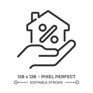 Mortgage pixel perfect simple line icon. Hand holding house with percentage sign. Real estate and property management. Financial support. Contour outline pictogram. Minimalist linear vector