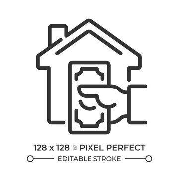 Rent payment pixel perfect simple line icon. Hand holding banknote near house. Real estate management. Tenant financial responsibilities. Contour outline pictogram. Minimalist linear vector