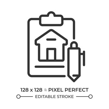 Real estate lease agreement pixel perfect simple line icon. Contract between property owner and tenant. Legal property management. Contour outline pictogram. Minimalist linear vector