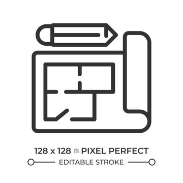 Floor plan with pencil pixel perfect simple line icon. Architectural drawing of building. Technical artistic visual representation of house. Contour outline pictogram. Minimalist linear vector