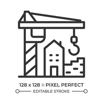Construction site pixel perfect simple line icon. Tower crane working with building materials. Urban infrastructure development. Industrial machine. Contour outline pictogram. Minimalist linear vector