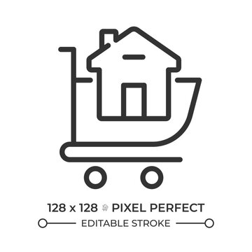 Buying house pixel perfect simple line icon. Apartment building in shopping cart. Real estate management. Property choosing for living. Contour outline pictogram. Minimalist linear vector