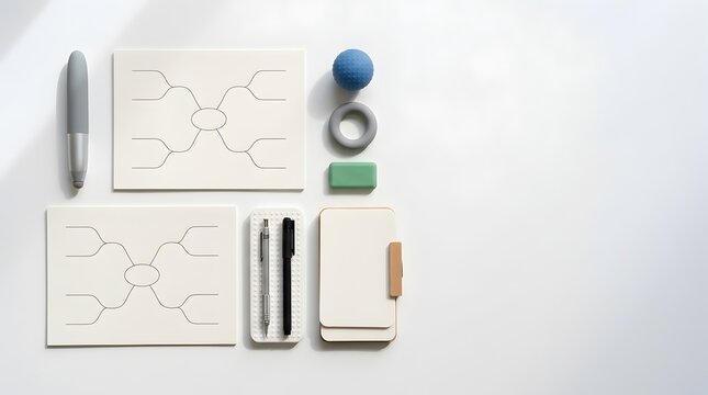 Flat lay of mind map diagrams and stationery on clean white surface