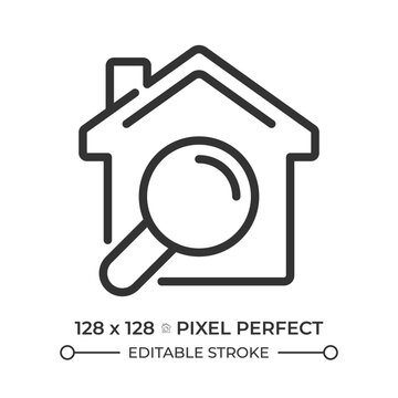 Property inspection pixel perfect simple line icon. Looking at house through magnifying glass. Building checkup process. Real estate management. Contour outline pictogram. Minimalist linear vector