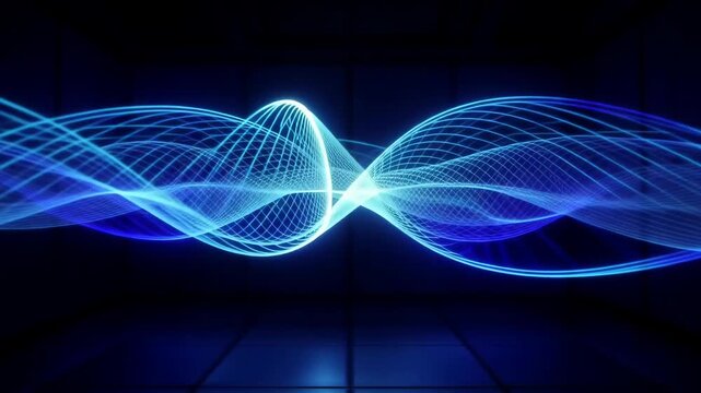 Glowing blue wireframe waves oscillating and intersecting in smooth motion against a dark reflective background, creating an abstract digital energy visualization