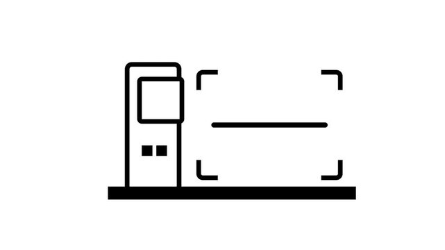 Ticket kiosk machine beside a scanning frame with a horizontal line, representing license plate recognition, vehicle entry scanning and automatic gate