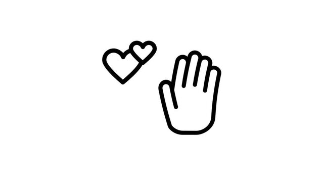 Open hand gesture beside two small hearts, symbolizing care, kindness, charity, volunteering, donation and a supportive helping community in line art