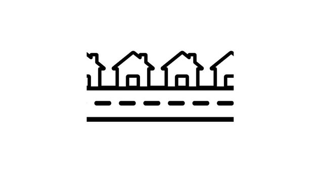 Row of three houses above a dashed road line, representing residential neighborhood, suburban housing, real estate development and community life