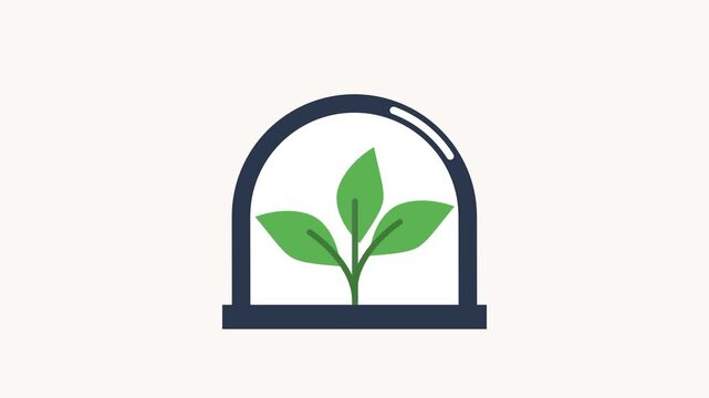 Glass dome greenhouse with a green seedling growing inside a dark blue base, representing plant protection, indoor gardening, nursery and farming