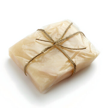 Wrapped package tied securely with twine string isolated against a plain transparent studio backdrop.