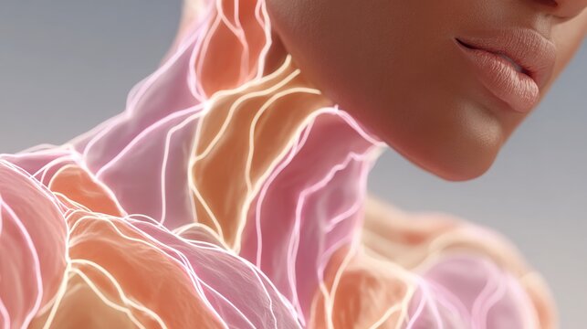 3D anatomical visualization of a person's neck and shoulders highlighting glowing neural pathways, muscle fibers, and lymphatic systems for medical and healthcare portals, neurology or physiotherapy 
