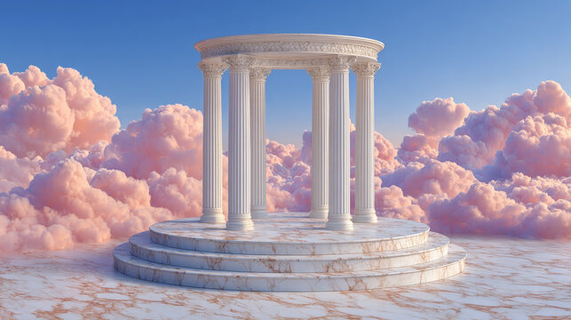 A classical marble gazebo structure resting above soft pink clouds against a blue sky, ideal for product displays.Suitable for articles on meditation, dream interpretation, mythology, or fantasy theme