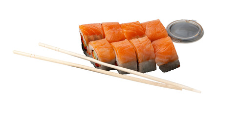 Salmon sushi rolls served with chopsticks and a small dish of soy sauce © fotofabrika