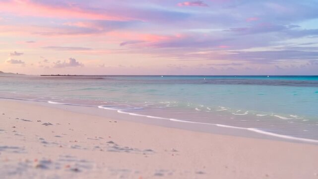 Small patterned crab moves across coral sand before the view shifts to a tranquil tropical beach and pastel ocean horizon at sunset