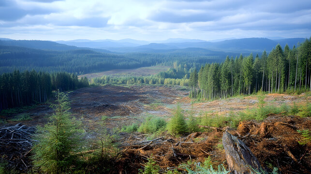 Logging aftermath revealing a vast area of deforested land with cut timber logs surrounded by green forest.