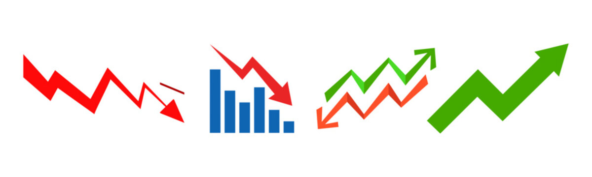 rend icon with upward and downward arrow graph symbol, finance data UI sign, and business growth pictogram on white background