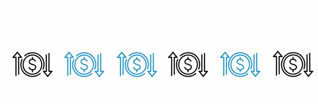 Set of thin line icons for financial profit, loss. Symbols show dollar sign with up, down arrows. Business icons represent revenue growth economic recession, market trends, money management for