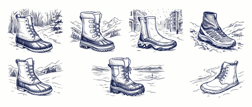 Winter boots vintage sketch set featuring hand drawn snow footwear in snowy mountain and city landscapes for outdoor hiking cold weather survival fashion and classic retro engraving style illustration