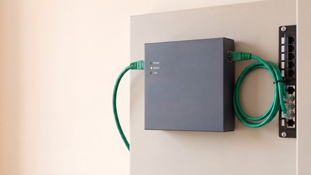 Network switch mounted on a panel with green ethernet cables and status indicator lights linked to a patch panel, supporting business networking, cabling and connectivity