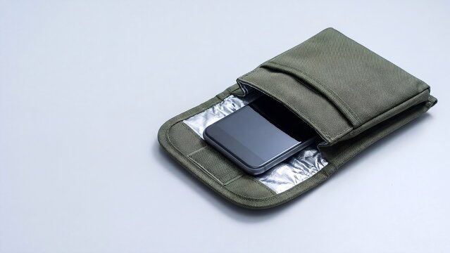 Olive green signal blocking Faraday pouch with foil shielding holding a smartphone on a white surface, supporting mobile privacy, wireless signal shielding and secure device storage