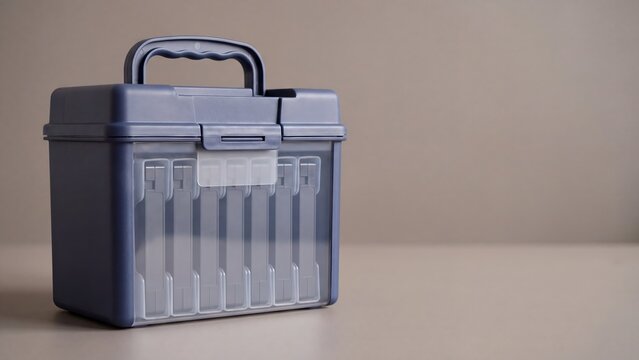 Navy plastic storage case with a carry handle and transparent compartments on a neutral surface, supporting portable organising, tool and craft storage and tidy household sorting