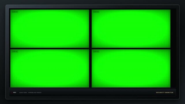 Loop security monitor interface with 4 channel green screen quad view template for video overlay. CCTV security camera monitor split screen into 4 green screen chroma key displays mockup