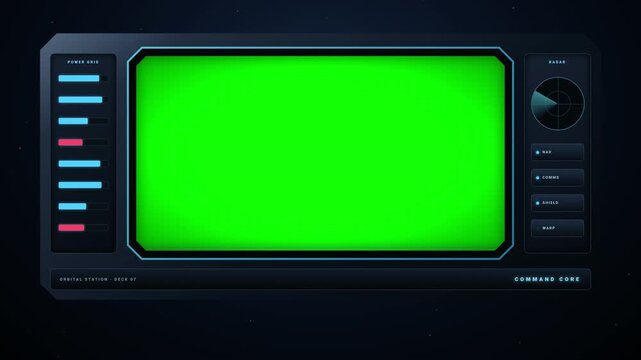 Sci-fi loop computer monitor template with chroma key green screen and abstract orbital station interface. Space station command center control panel with green screen