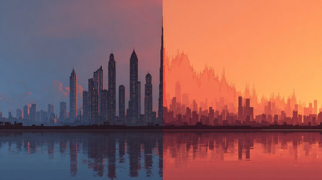 City skyline divided by a digital line representing global economic power shifts, geopolitical tensions, financial inequality, market volatility, economic growth and decline, international trade, and 