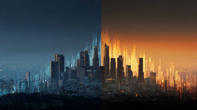 City skyline divided by a digital line representing global economic power shifts, geopolitical tensions, financial inequality, market volatility, economic growth and decline, international trade, and 