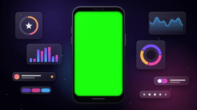 Phone with green screen template and loop animated abstract business analytics charts and graphs. Mobile phone chroma key green screen display surrounded by HUD infographics elements