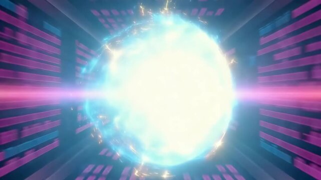 Abstract digital tunnel of glowing binary code moving toward a bright central light, creating a futuristic cyber data stream visualization in neon colors