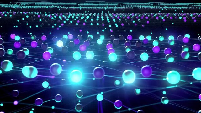Glowing cyan and purple spheres moving across a dark interconnected digital network, creating a futuristic data flow visualization with depth and luminous technology