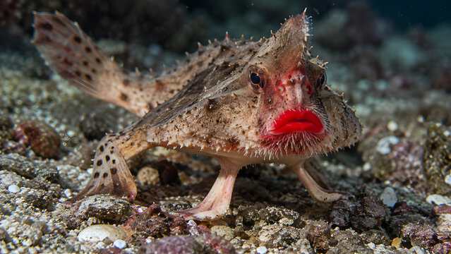 red lipped batfish resting on ocean floor coral