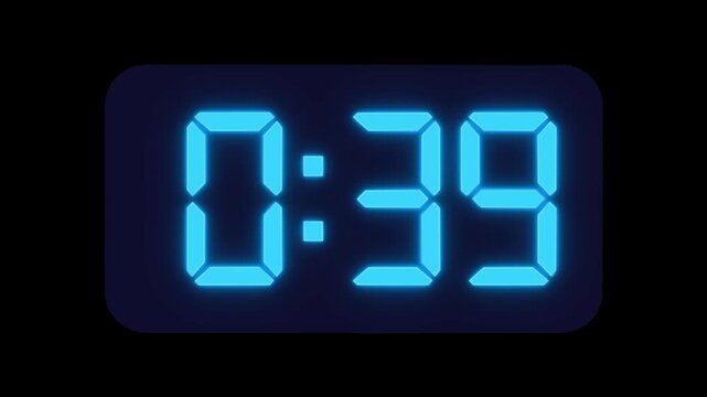 Blue digital countdown timer display. Glowing blue digital timer for tracking intervals in motion media