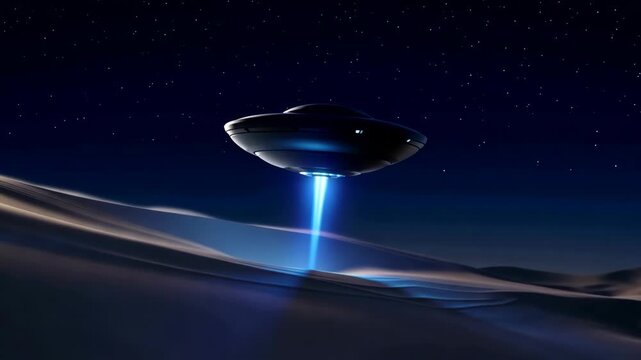 Futuristic flying saucer hovering above desert dunes at night while emitting a bright blue beam across the landscape, cinematic science fiction animation
